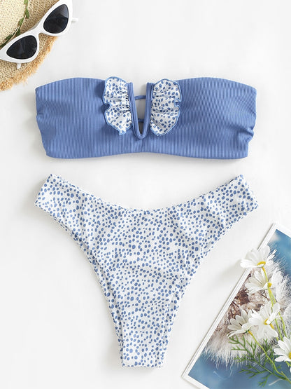 V-wired Ruffle Ribbed High Cut Bikini Swimwear High Cut Strapless Lace Up Removable Padded Women Bathing Suit The Clothing Company Sydney