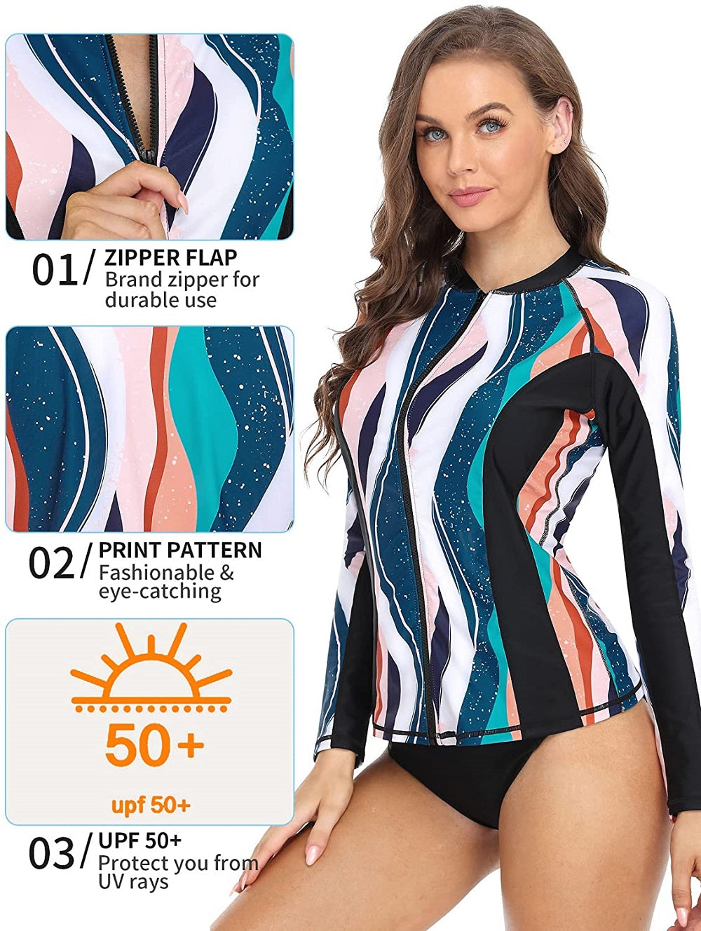 Women's Long Sleeve Zipper Rashguard Swimsuit Floral Print Swimwear Surfing Top Rash Guard Running Shirts UPF50+ The Clothing Company Sydney