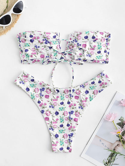 V-wired Ruffle Ribbed High Cut Bikini Swimwear High Cut Strapless Lace Up Removable Padded Women Bathing Suit The Clothing Company Sydney