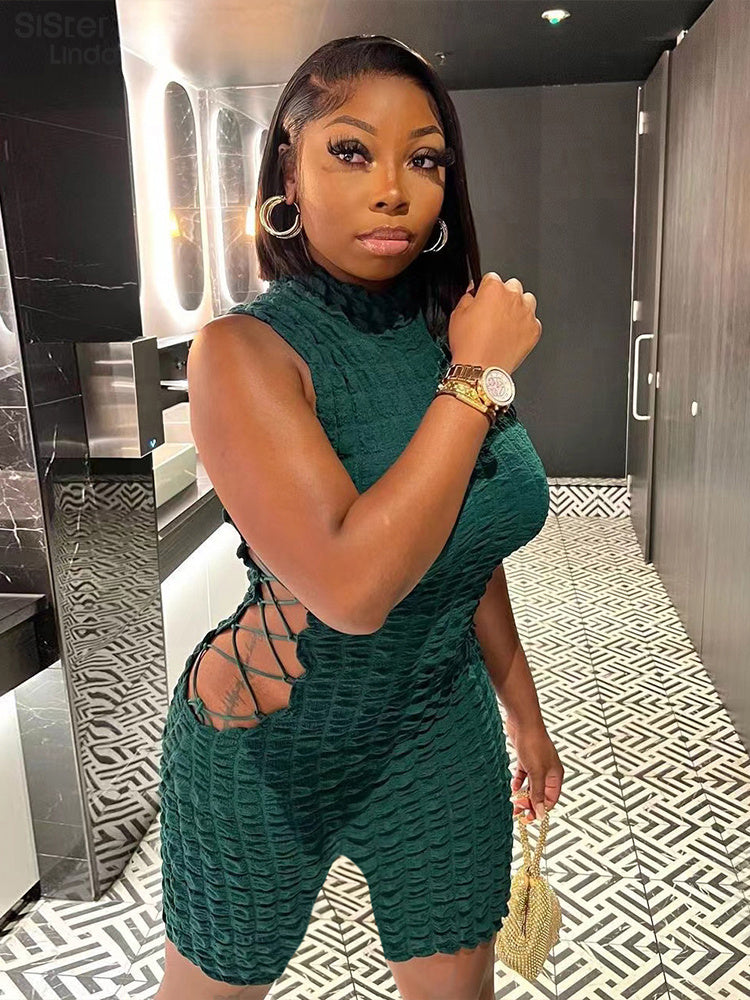 Stacked Plaid Bandage Hollow Y2K Dress Sleeveless Turtleneck String Bodycon Party Clubwear Outfits The Clothing Company Sydney