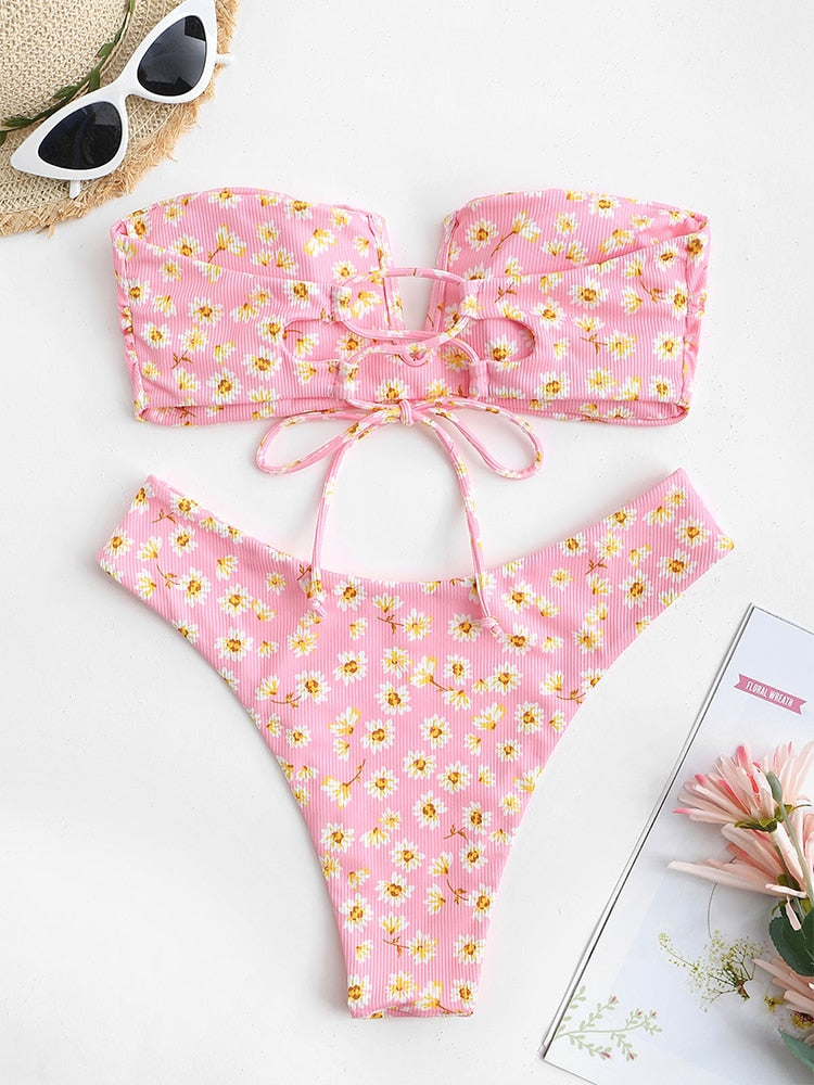 V-wired Ruffle Ribbed High Cut Bikini Swimwear High Cut Strapless Lace Up Removable Padded Women Bathing Suit The Clothing Company Sydney