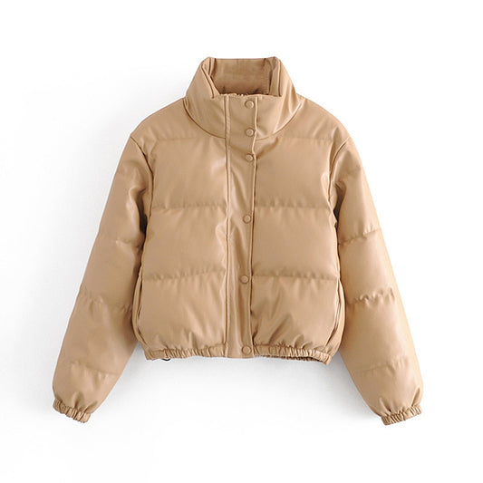 Winter Warm Thick PU Leather Coats Women's Short Parkas Fashion Black Cotton Padded Down Jacket With Elegant Zipper The Clothing Company Sydney