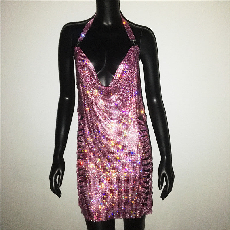 Gold Silver Rhinestone Tassel Chain Dress Women Hip High Split Luxury Party Halter Beach Nightclub Dress The Clothing Company Sydney