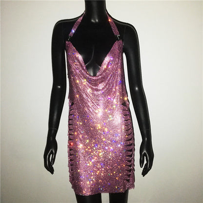 Gold Silver Rhinestone Tassel Chain Dress Women Hip High Split Luxury Party Halter Beach Nightclub Dress The Clothing Company Sydney