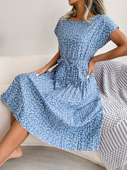 Floral Pleated A Line Long Dress Spring Summer Short Sleeve High Waist Chic Dress The Clothing Company Sydney