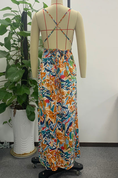 Holiday print straps backless summer party dress women High waist lace up split maxi dresses V-neck beach Dress The Clothing Company Sydney