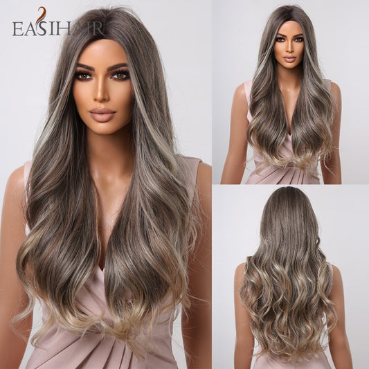 Ombre Brown Gray Ash Synthetic Long Wavy Wigs Middle Part Mixed Blonde Wig Women Daily Cosplay Heat Resistant Wigs The Clothing Company Sydney