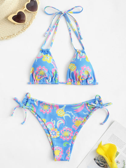 Ribbed Flower Print Tie Side Bikini Set Two-piece Swimwear Low Waisted Padded Bathingsuit The Clothing Company Sydney