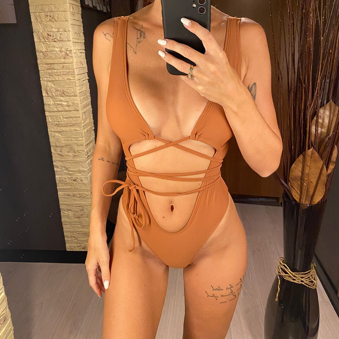 Bandage Wrap Around Tummy Cut Out Deep V Monokini One Piece Swimsuit Swimwear Bather Bathing Suit
