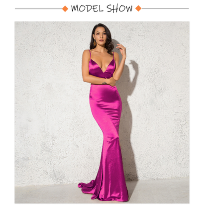 Backless Satin Evening Gown Strappy Deep V Neck Floor Length Prom Padded Stretch Formal Cocktail Wedding Party Dresses The Clothing Company Sydney