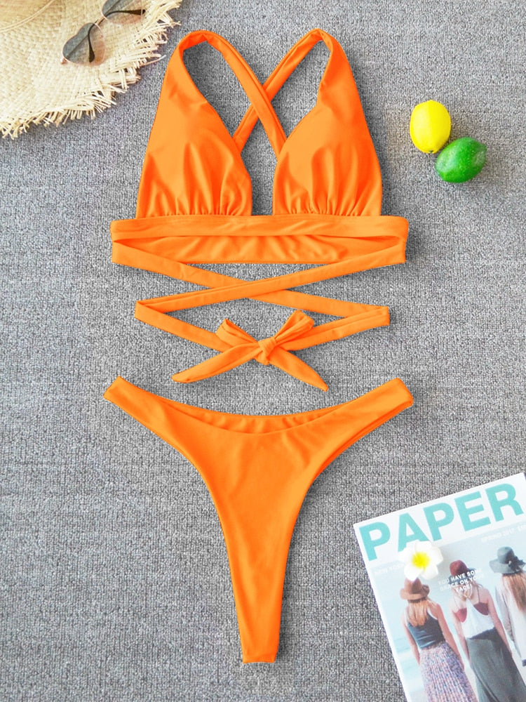 2 Piece Solid Swimsuit Swimwear Push Up Bikini Set Cross Bandage Bathing Suit Beach Wear Swimming Suit The Clothing Company Sydney