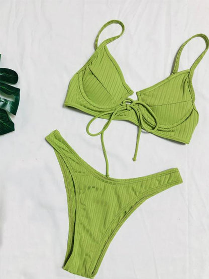 Ribbed High Cut Swimsuit Solid Push Up swimwear String Knot Bathing Suits Bikini Set The Clothing Company Sydney