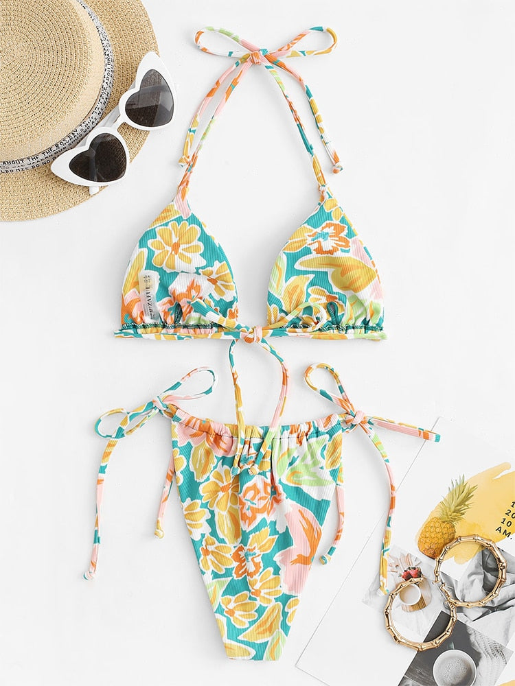 Ribbed Flower Print Tie Side Bikini Set Two-piece Swimwear Low Waisted Padded Bathingsuit The Clothing Company Sydney