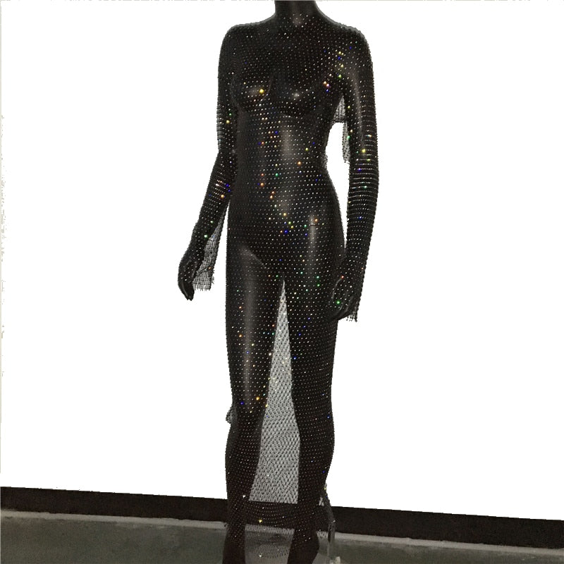 Shiny Rhinestones Grid Long Dress See Through Long Sleeves Fishnet Side Slit Long Dresses Chic Summer Beach Cover Up The Clothing Company Sydney