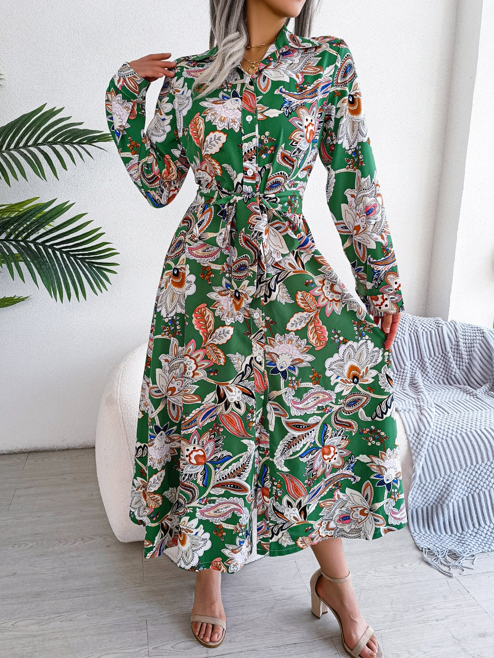 Spring Summer Retro Floral Collar Long Sleeve Tie Up Shirt Dress For Ladies Fashion All Match Print Dresses The Clothing Company Sydney