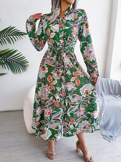 Spring Summer Retro Floral Collar Long Sleeve Tie Up Shirt Dress For Ladies Fashion All Match Print Dresses The Clothing Company Sydney