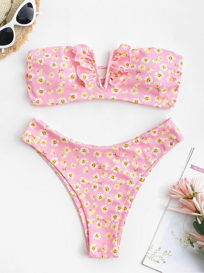 V-wired Ruffle Ribbed High Cut Bikini Swimwear High Cut Strapless Lace Up Removable Padded Women Bathing Suit The Clothing Company Sydney