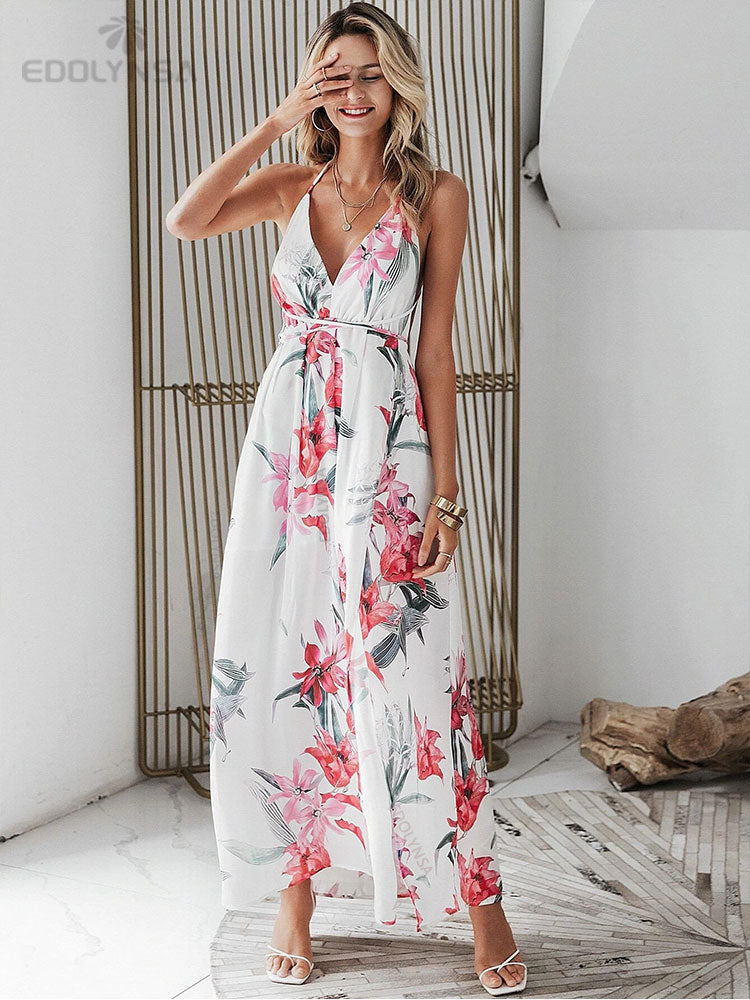 Elegant Ladies Print Spaghetti Strap Beach Holiday High Waist A-line Dress Casual Summer Split Dress The Clothing Company Sydney