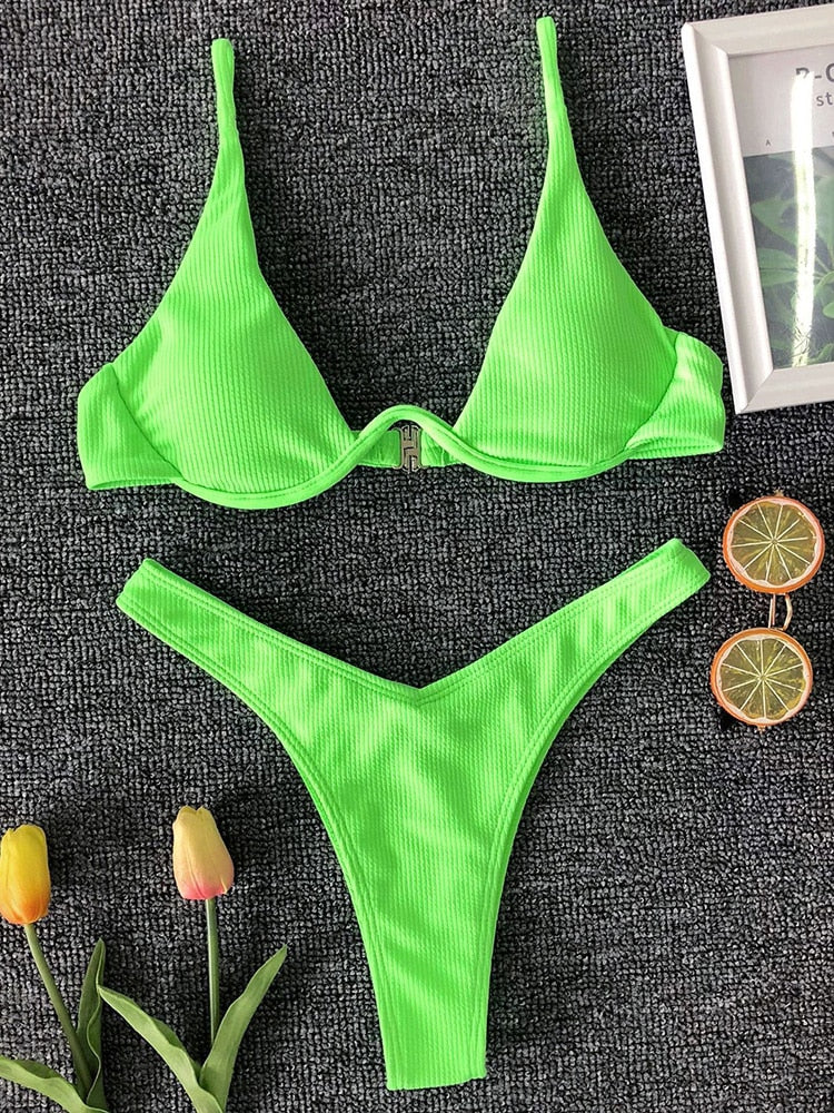 Neon V-bar Underwired Bikini Ribbed Swimsuit Women Thong Swimwear Two-pieces Bikini set Push up Bathing Suit The Clothing Company Sydney