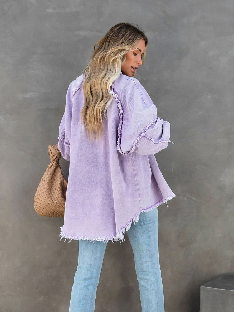 Loose Turn-down Collar Denim Jacket Coat Casual Denim Jacket Long Sleeve Tassel Solid washed Tops The Clothing Company Sydney
