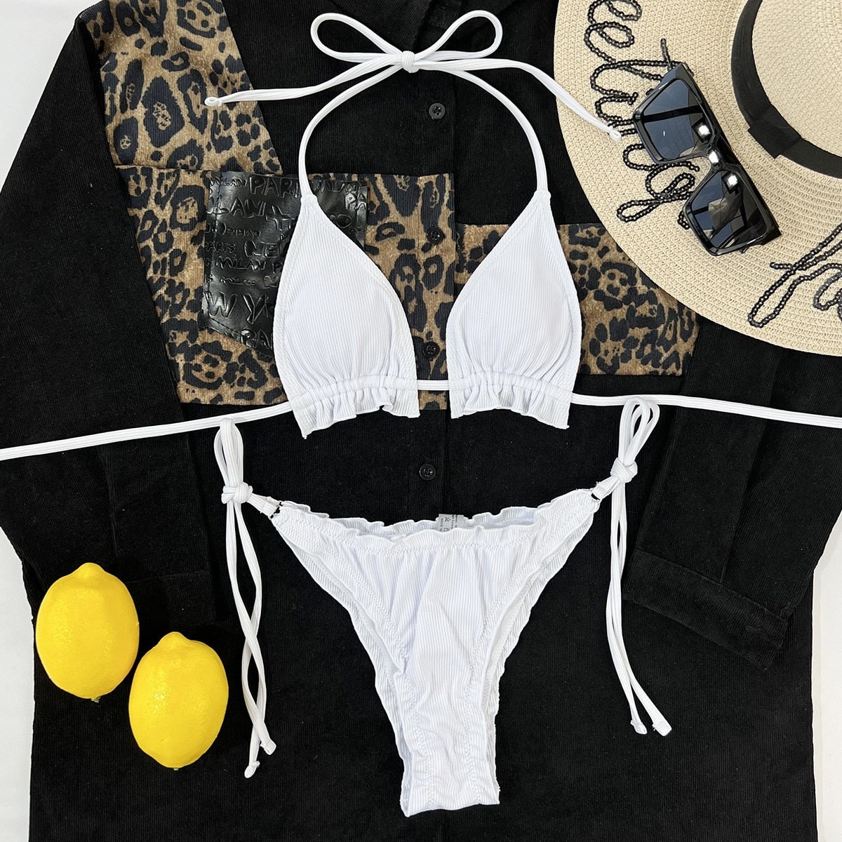 Neon Lime Rib Triangle Tie Side Bikini Swimsuit Women Two Piece Swimwear Bikini Set Summer Beach Bathing Suit The Clothing Company Sydney