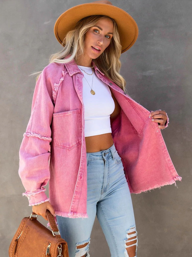 Loose Turn-down Collar Denim Jacket Coat Casual Denim Jacket Long Sleeve Tassel Solid washed Tops The Clothing Company Sydney