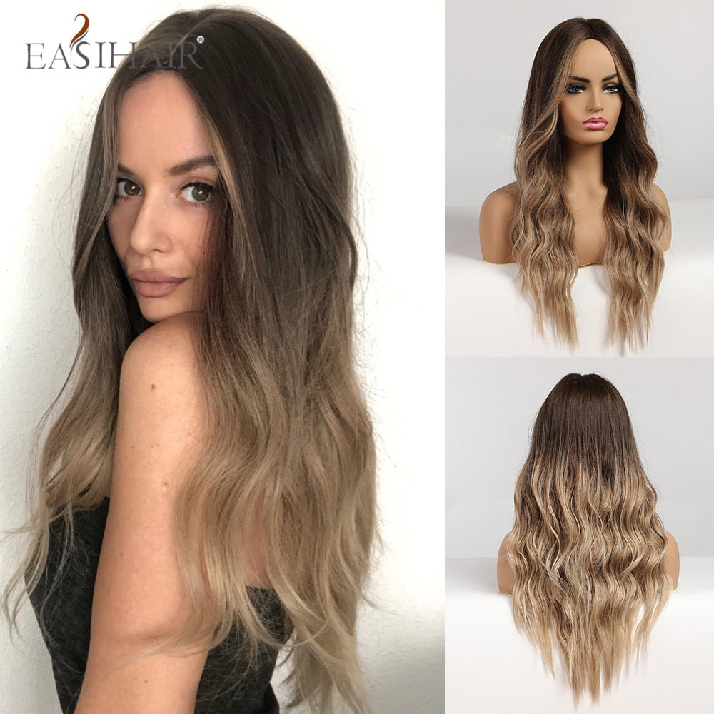 Ombre Brown Gray Ash Synthetic Long Wavy Wigs Middle Part Mixed Blonde Wig Women Daily Cosplay Heat Resistant Wigs The Clothing Company Sydney