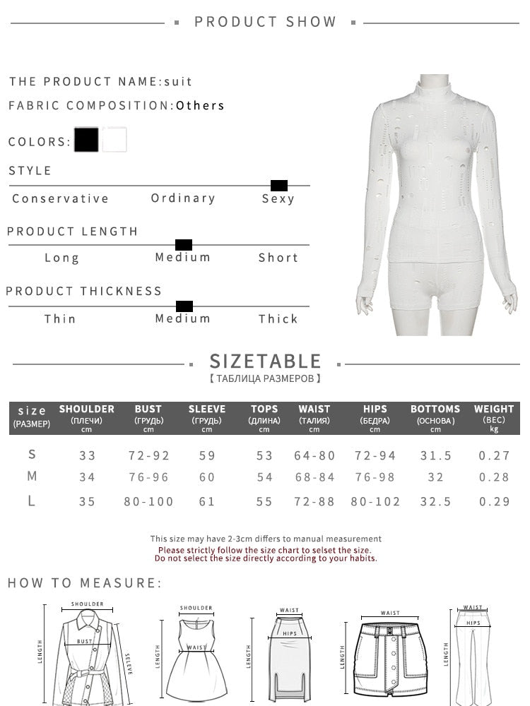 2 Piece Set Women Summer Hollow Out Sheath Long Sleeve T-Shirt+Fashion Hole Stretchy Waist Shorts Streetwear The Clothing Company Sydney