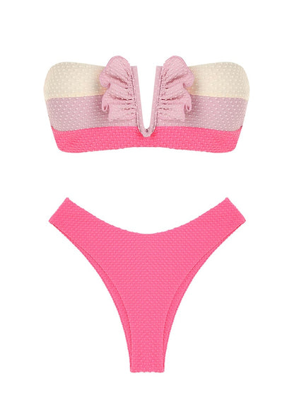 V-wired Ruffle Ribbed High Cut Bikini Swimwear High Cut Strapless Lace Up Removable Padded Women Bathing Suit The Clothing Company Sydney