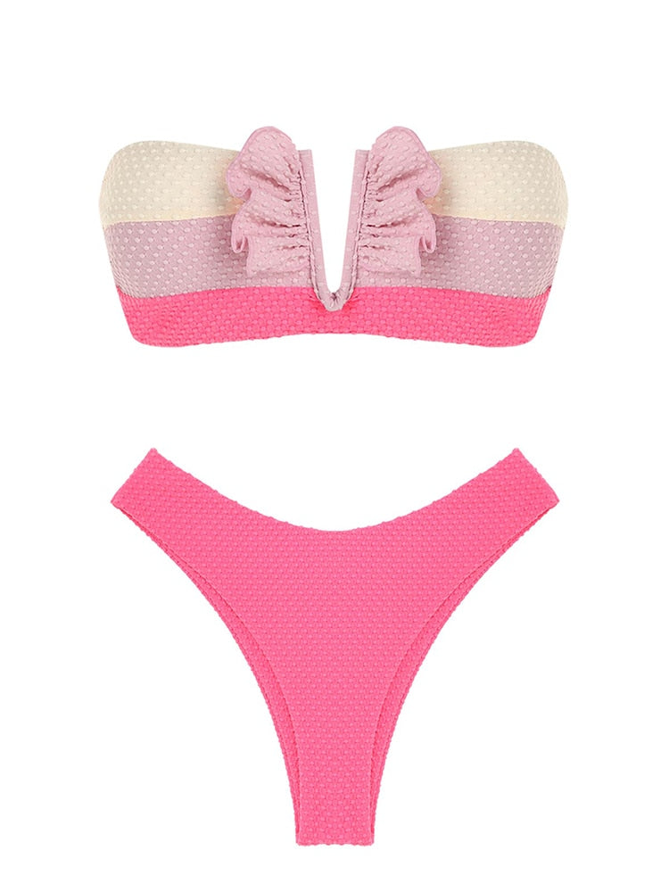 V-wired Ruffle Ribbed High Cut Bikini Swimwear High Cut Strapless Lace Up Removable Padded Women Bathing Suit The Clothing Company Sydney