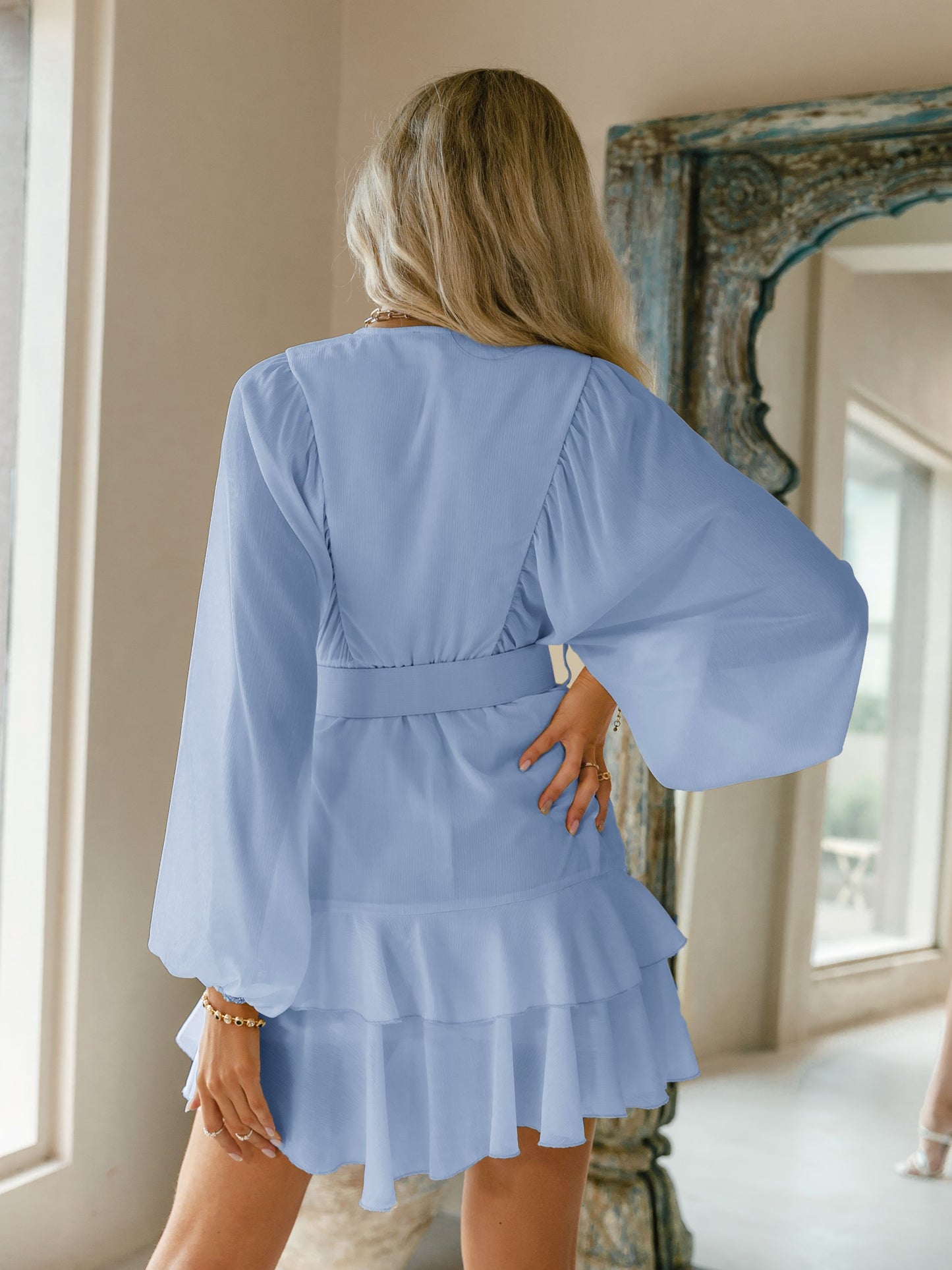 Belt blue plaid batwing long sleeve women dress summer Office ruffle shirt mini dress Casual button A-line Dress - The Clothing Company Sydney