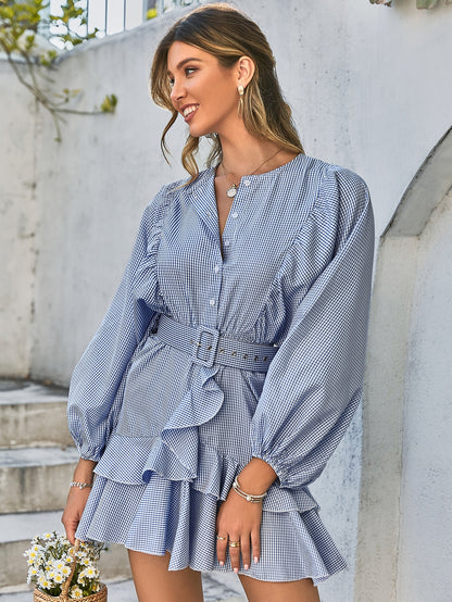Belt blue plaid batwing long sleeve women dress summer Office ruffle shirt mini dress Casual button A-line Dress - The Clothing Company Sydney