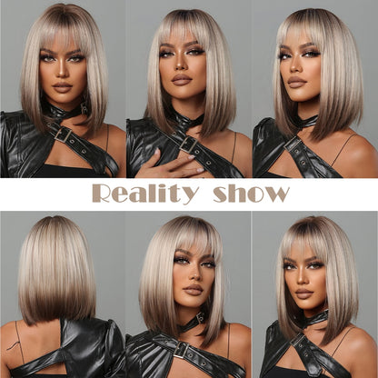 Short Straight Synthetic Wigs for Women Blonde to Brown Ombre Bob Wigs with Bangs Daily Cosplay Party Heat Resistant Wigs The Clothing Company Sydney