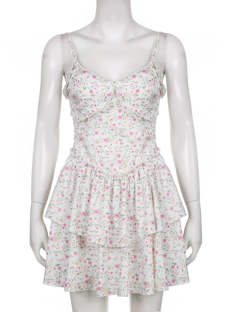 French Romantic Strap Floral Printing Summer Fashion Chic Ruffles Pleated Dress Mini Double Layer Dress The Clothing Company Sydney