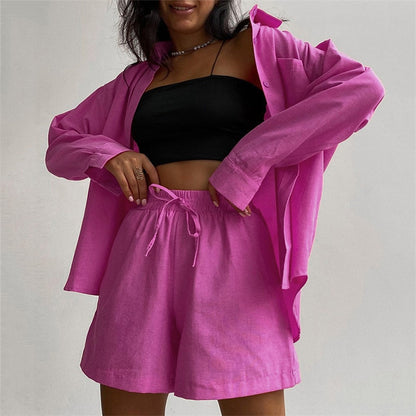 2 Piece Long Sleeve Shirt With Mini Shorts Cotton Stretch Waist Two Pieces Ladies Outfits Blouses Fashion Set The Clothing Company Sydney