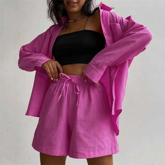2 Piece Long Sleeve Shirt With Mini Shorts Cotton Stretch Waist Two Pieces Ladies Outfits Blouses Fashion Set The Clothing Company Sydney