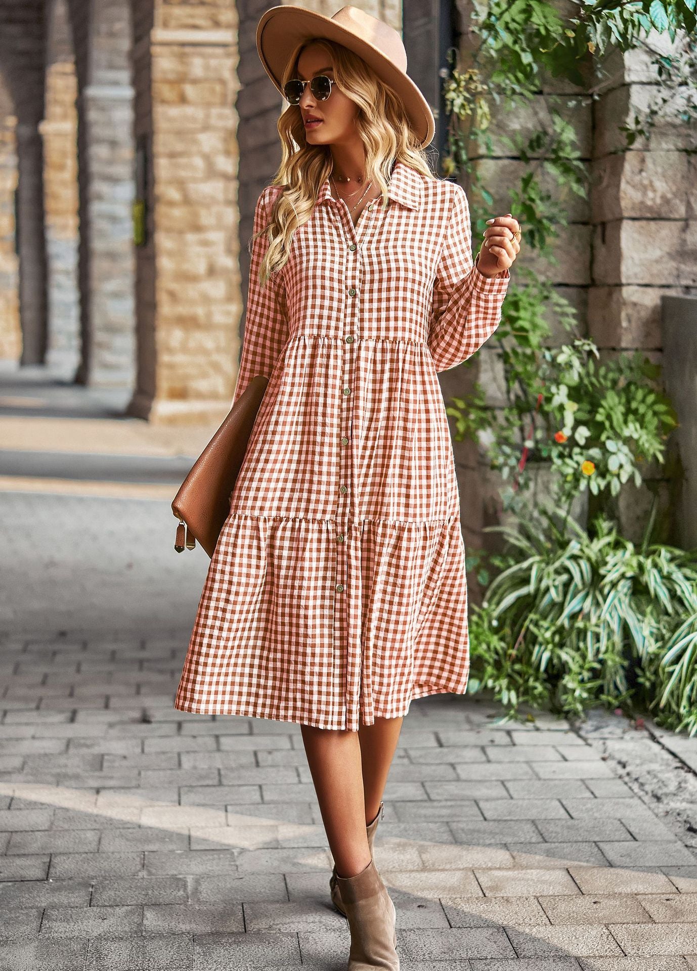 Casual Plaid Shirt Dress For Women Turn Down Long Sleeve Maxi Dress Vintage Single Breasted Patchwork Spring Autumn Dress The Clothing Company Sydney