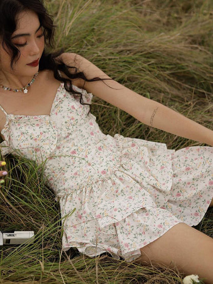 French Romantic Strap Floral Printing Summer Fashion Chic Ruffles Pleated Dress Mini Double Layer Dress The Clothing Company Sydney
