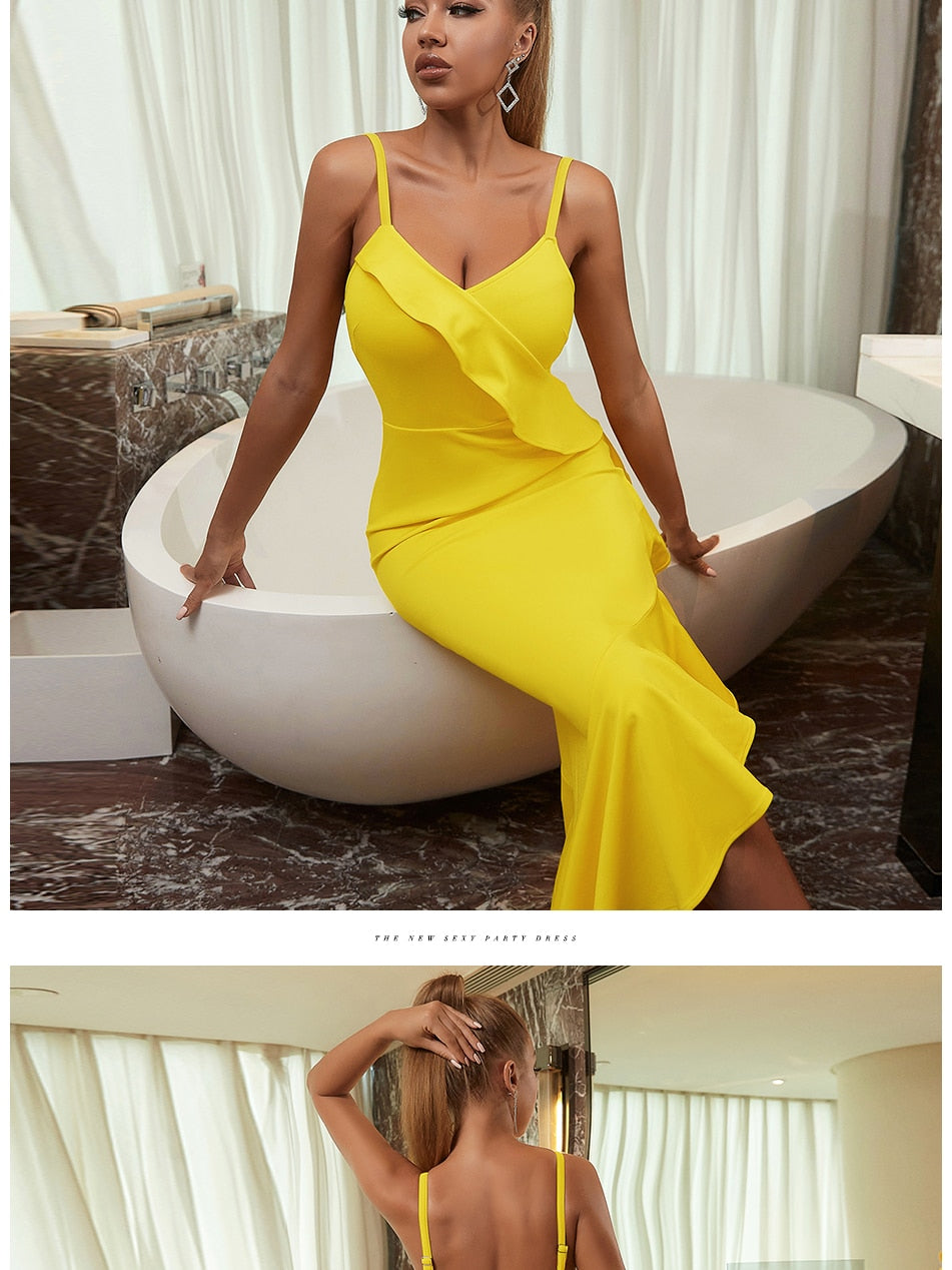 Ruffles Spaghetti Strap Fashion Dress Summer V Neck Yellow Sleeveless Celebrity Evening Club Casual Party Maxi Dress The Clothing Company Sydney