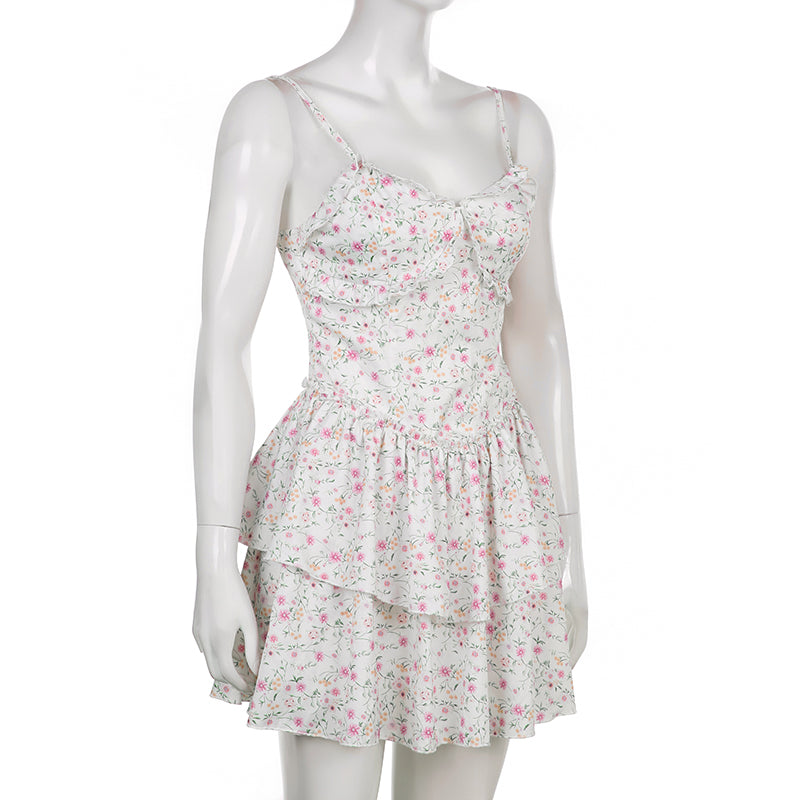 French Romantic Strap Floral Printing Summer Fashion Chic Ruffles Pleated Dress Mini Double Layer Dress The Clothing Company Sydney