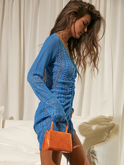 Knitted Hook Flower Hollow Out Drawstring Women Dress Blue Long Sleeve V-neck Dress Spring Slim Fashion Streetwear The Clothing Company Sydney