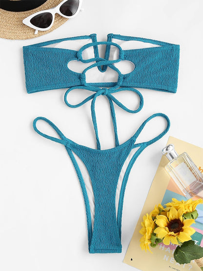 V-wired Ruffle Ribbed High Cut Bikini Swimwear High Cut Strapless Lace Up Removable Padded Women Bathing Suit The Clothing Company Sydney