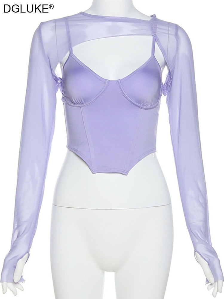 Summer Long Sleeve Crop Top T-shirt Bustier Corset And Mesh Top Two Piece Tee Shirt Sexy Fashion Y2K Top The Clothing Company Sydney