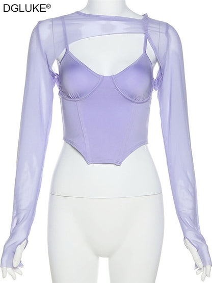 Summer Long Sleeve Crop Top T-shirt Bustier Corset And Mesh Top Two Piece Tee Shirt Sexy Fashion Y2K Top The Clothing Company Sydney
