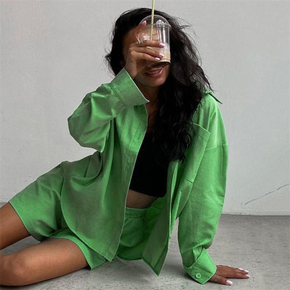 2 Piece Long Sleeve Shirt With Mini Shorts Cotton Stretch Waist Two Pieces Ladies Outfits Blouses Fashion Set The Clothing Company Sydney