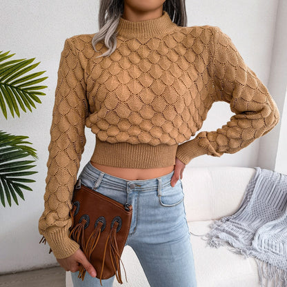 Women's Fashion Fall Winter 3D Diamond Cutout Long Sleeve Solid Color Chic Crop Knit Sweater The Clothing Company Sydney