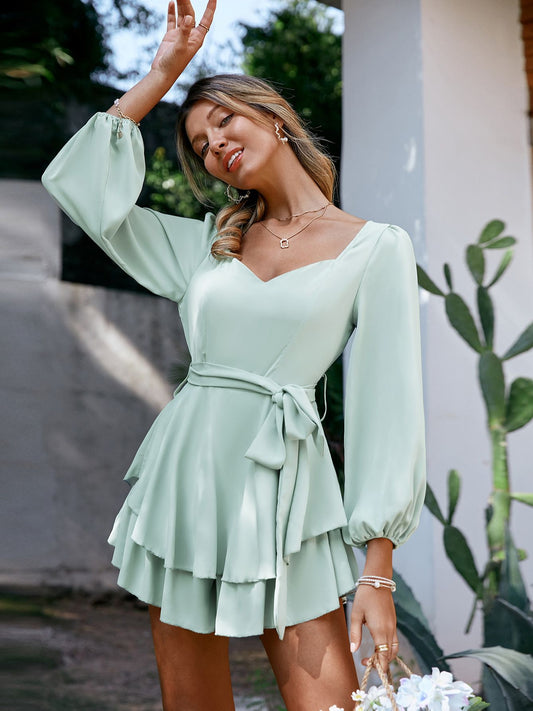 Holiday sash long sleeve ruffle print romper summer Lace up floral short overall A-line v-neck beach rompers The Clothing Company Sydney