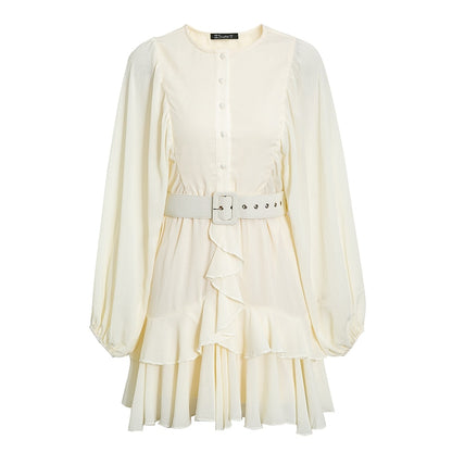 Belt blue plaid batwing long sleeve women dress summer Office ruffle shirt mini dress Casual button A-line Dress - The Clothing Company Sydney