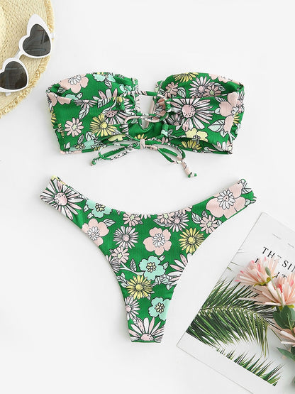 V-wired Ruffle Ribbed High Cut Bikini Swimwear High Cut Strapless Lace Up Removable Padded Women Bathing Suit The Clothing Company Sydney