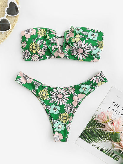 V-wired Ruffle Ribbed High Cut Bikini Swimwear High Cut Strapless Lace Up Removable Padded Women Bathing Suit The Clothing Company Sydney